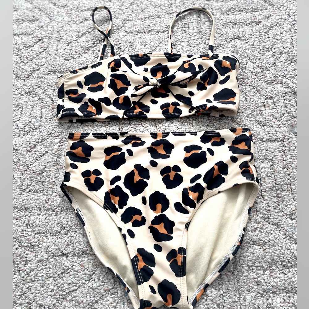 girls cheetah print high wasted swim suit.